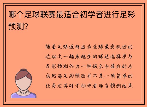 哪个足球联赛最适合初学者进行足彩预测？