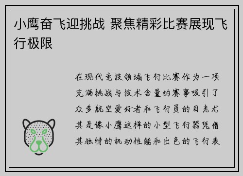 小鹰奋飞迎挑战 聚焦精彩比赛展现飞行极限